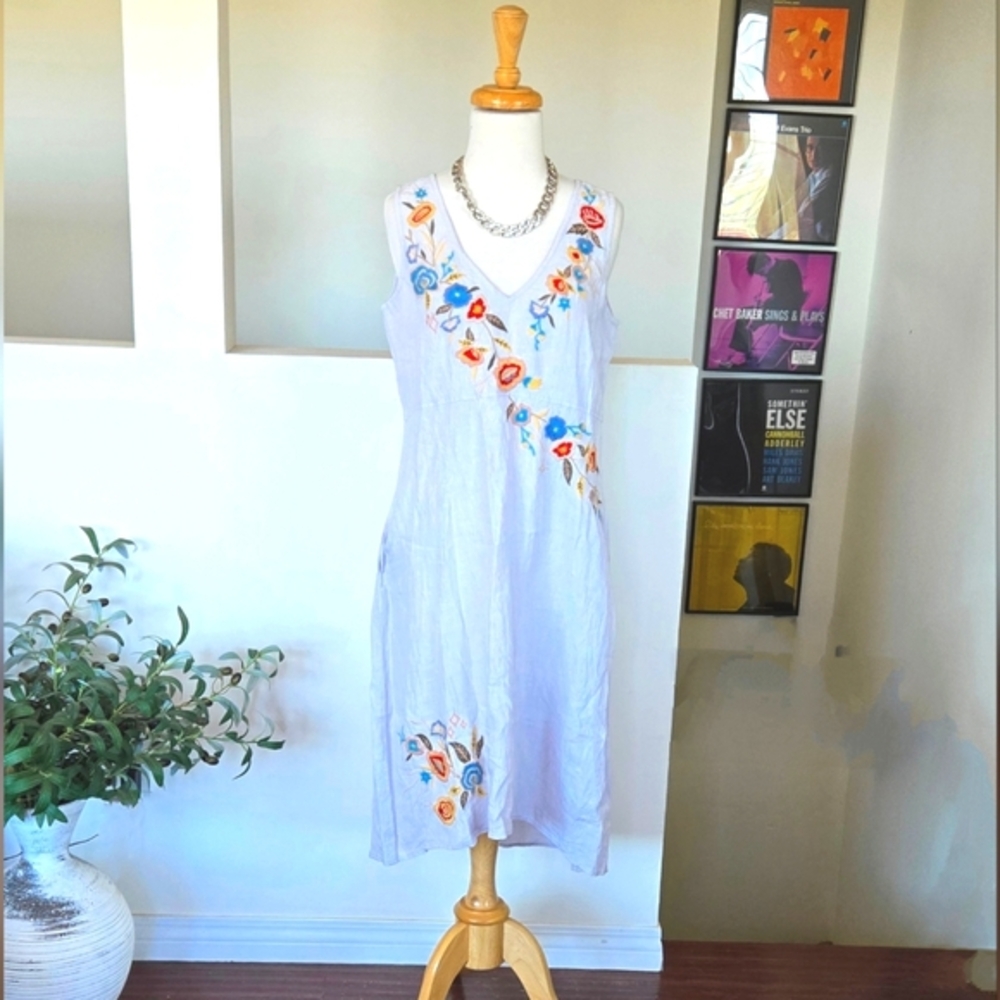 🏷️Anthropologie KYLA SEO Marisol Handmade Embroidered Linen Dress Blue Heron SM